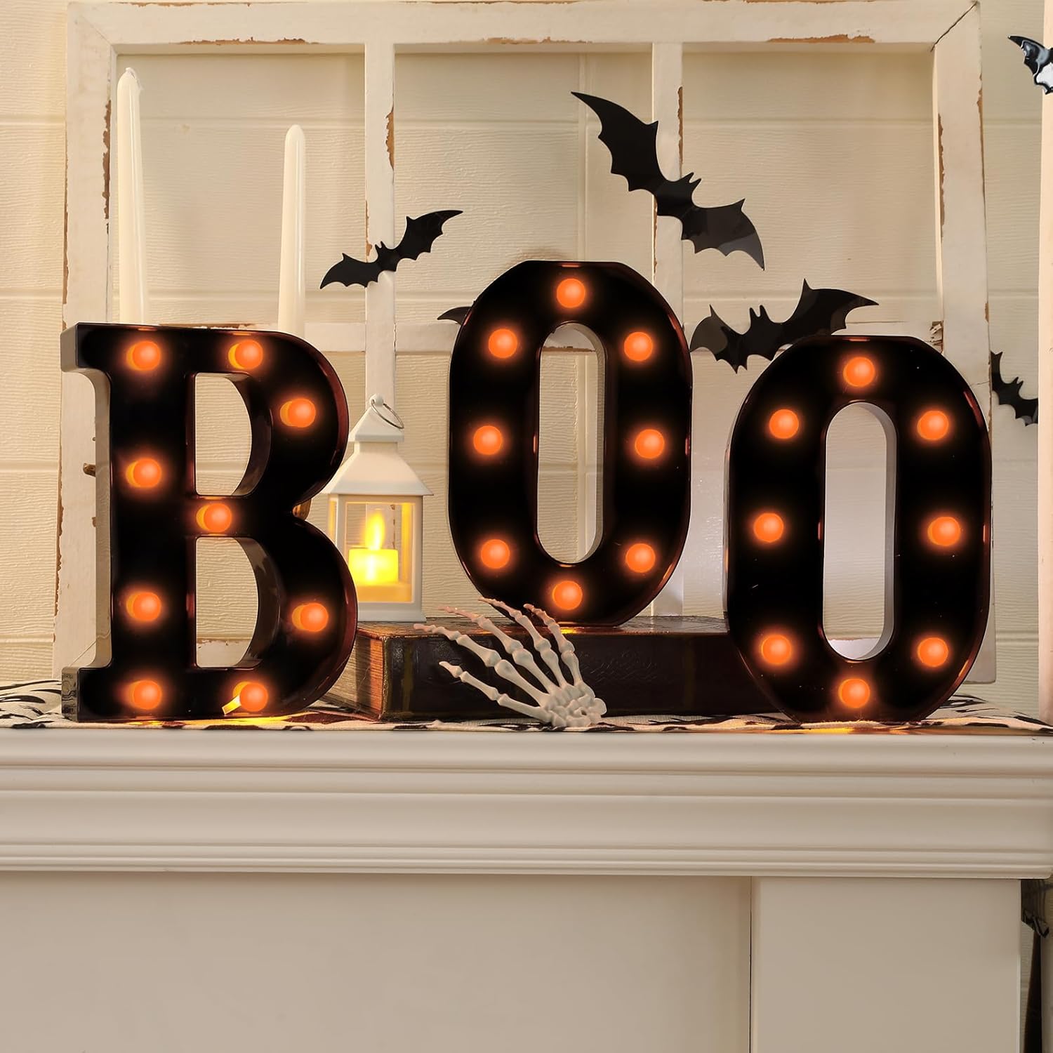 Light Up Letters Marquee - ハロウィンデコレーション-3 LED マーキーライトアップ文字「BOO」サイン ハロウィン装飾 卓上暖炉マントルピースパーティー屋内用