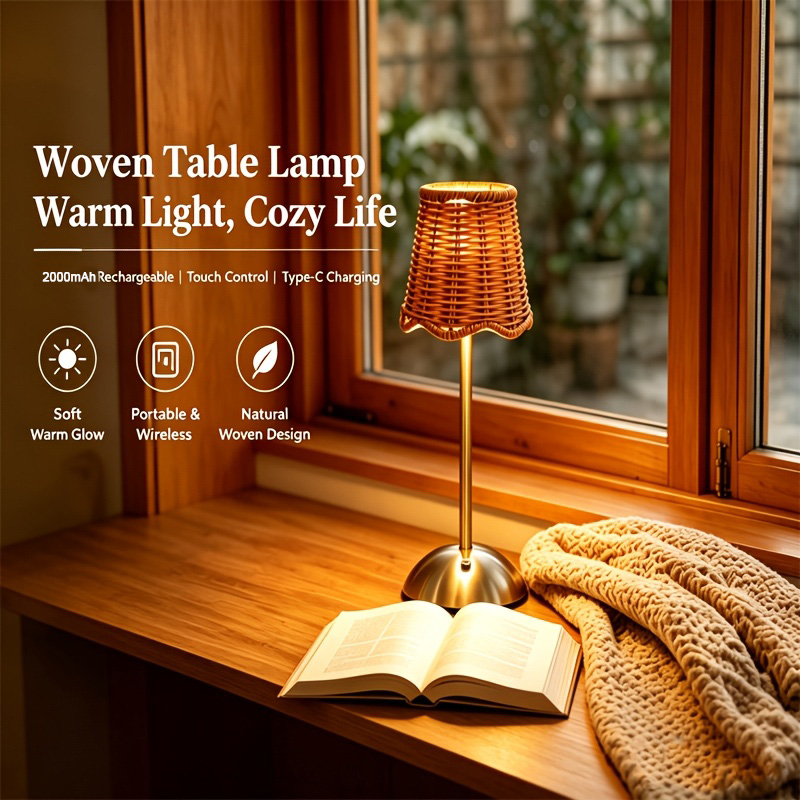 Lighting Decor For Home - ボヘミアンスタイルの編み込みラタンアートテーブルランプ、3段階調光、タッチコントロール、USB、金属製、寝室、リビングルーム、書斎、ダイニングルーム照明、家族や友人へのギフト