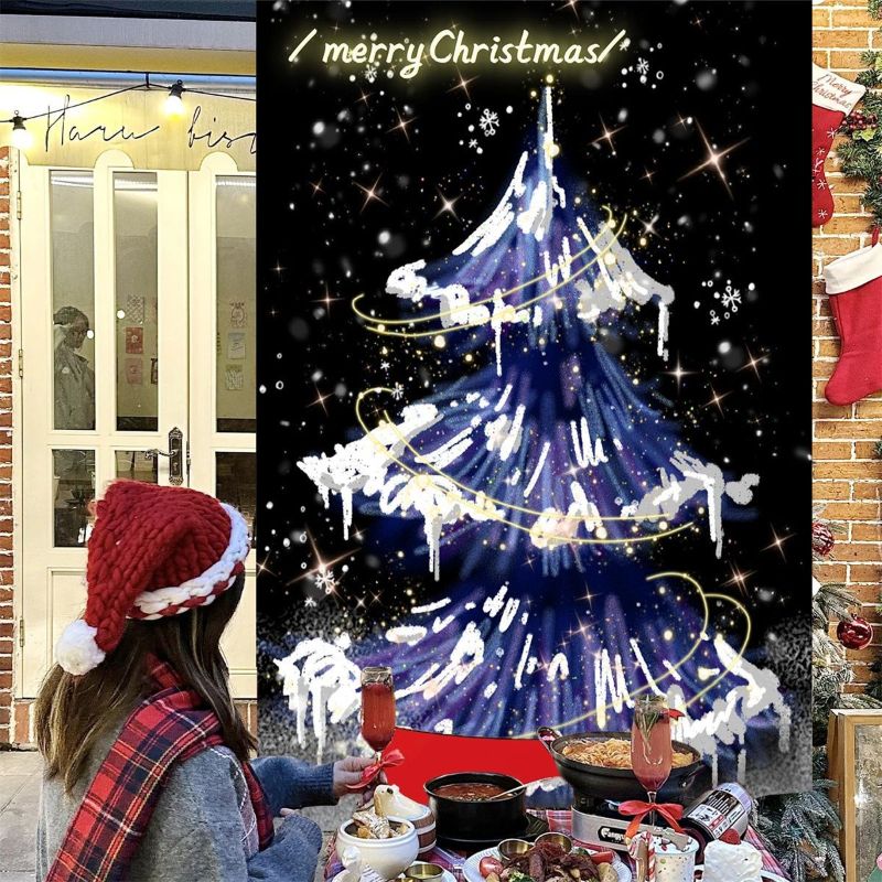 Wall Decor Lighting Tree - VIKAMA ウォールタペストリー、青い氷のクリスマスツリー、金色の光、雪の結晶、星、黒、冬のホリデー、壁掛け、家庭用装飾、リビング