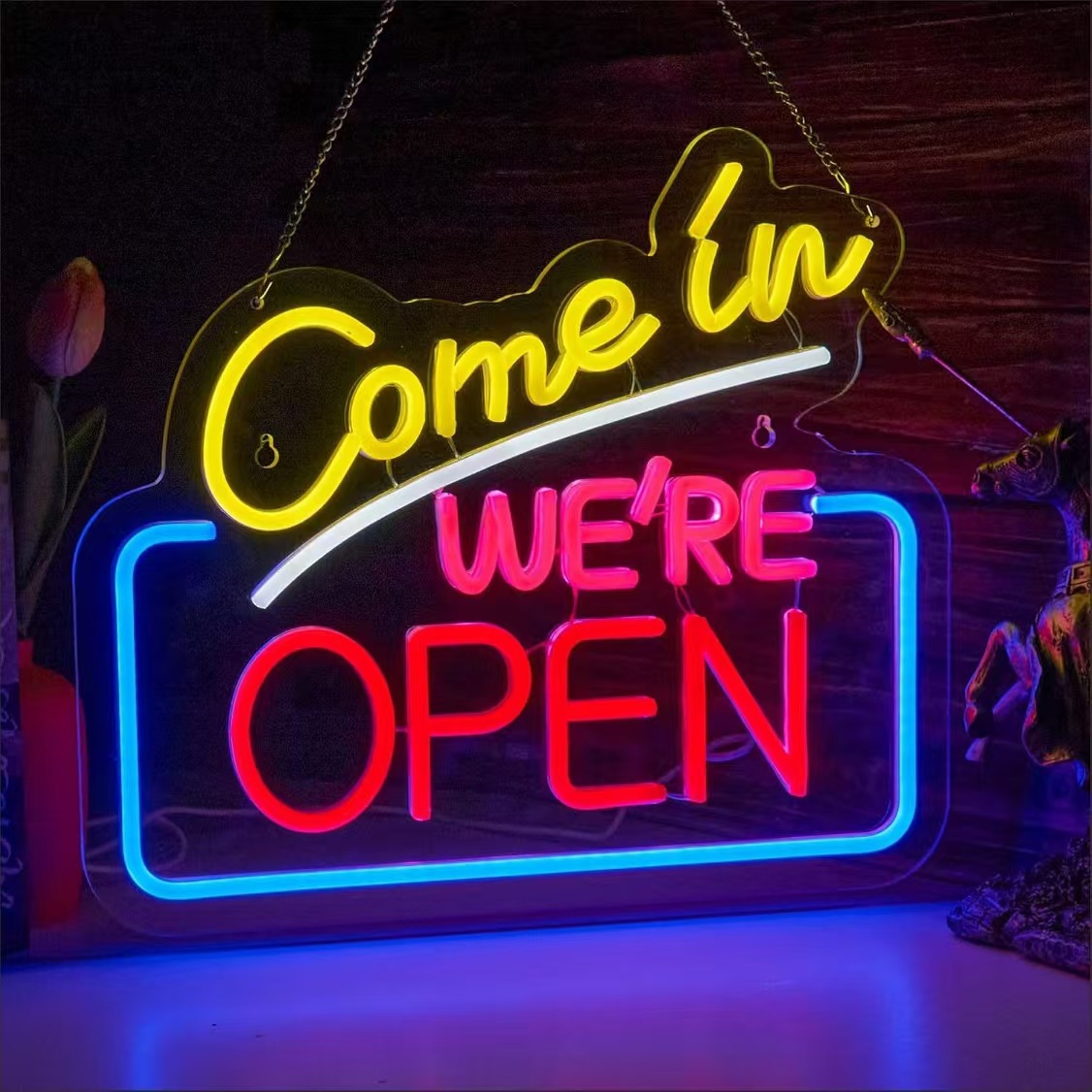 Neon Sign Custom Led - カスタムオープンネオンサイン（ビジネス用）-「Come In We're Open」LEDウォールアート、バー、カフェ、レストラン、店舗、ショップ、ドア用ウェルカムデコレーションランプ