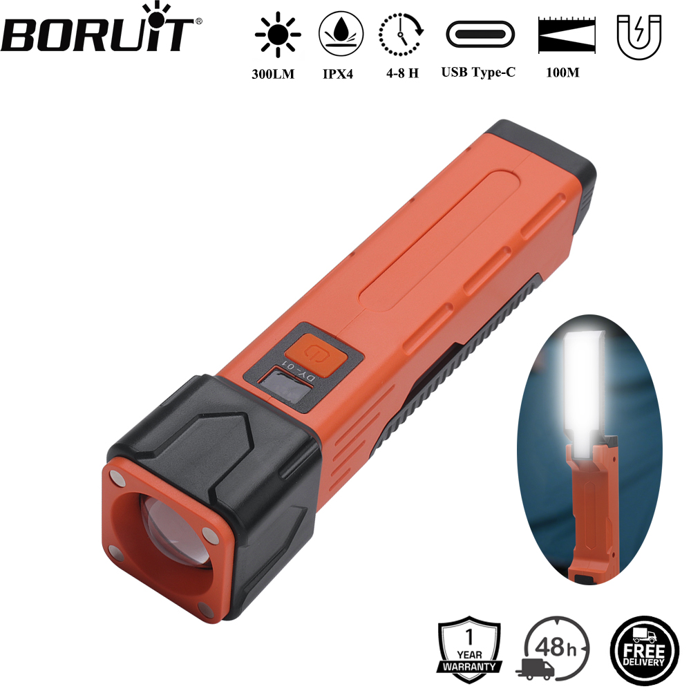 Orange Lighting Decor - BORUiT 300LM LED 作業灯ズーム懐中電灯タイプ C 充電式パワーバンクトーチ磁気修理ランプ安全ハンマーランタン