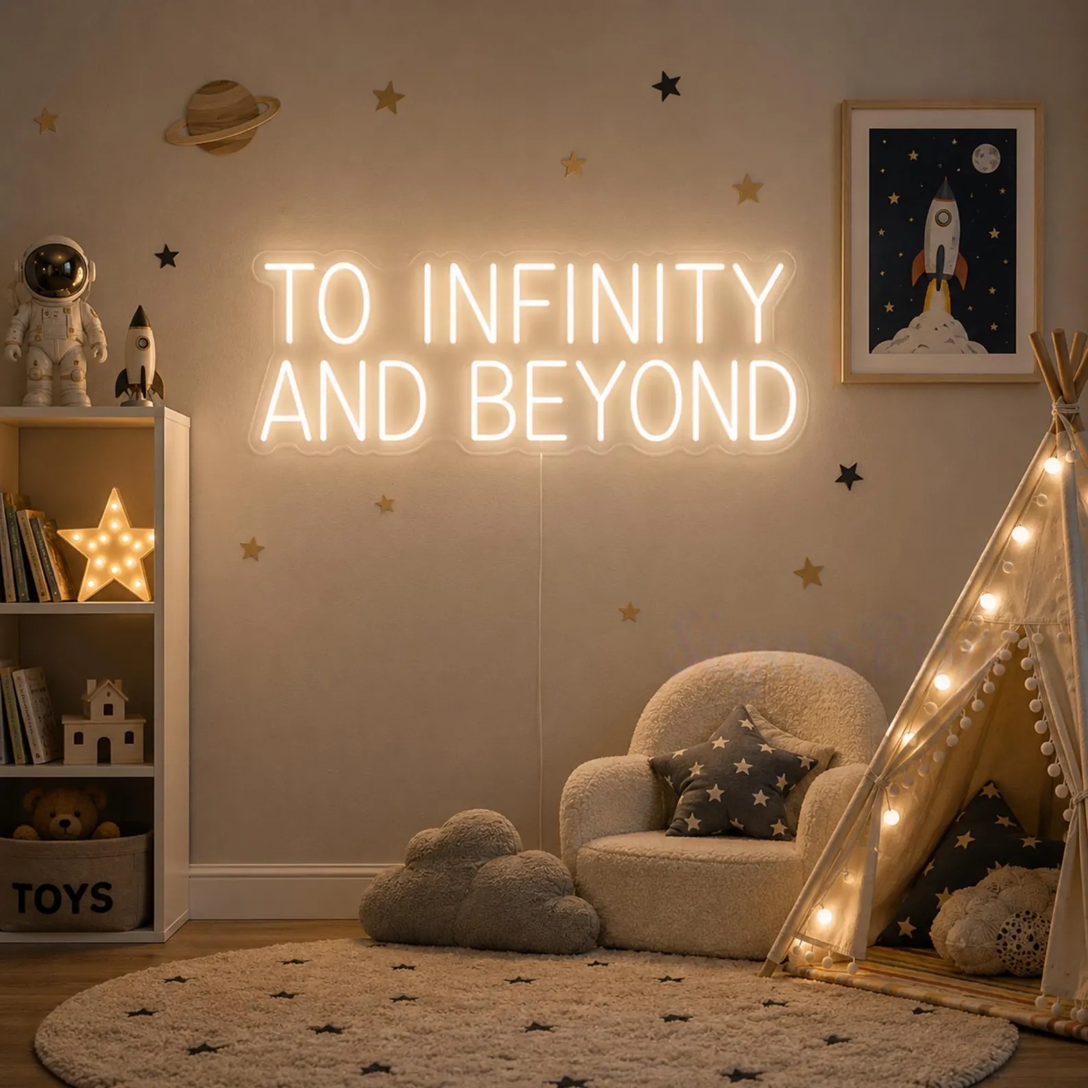 Lighting Decor And Beyond - 「無限に広がる宇宙へ」というネオンサイン。子供部屋やプレイルーム、寝室の装飾に。LEDライト付き。宇宙をテーマにした、壁に飾るインスピレーションを与えるメッセージ。