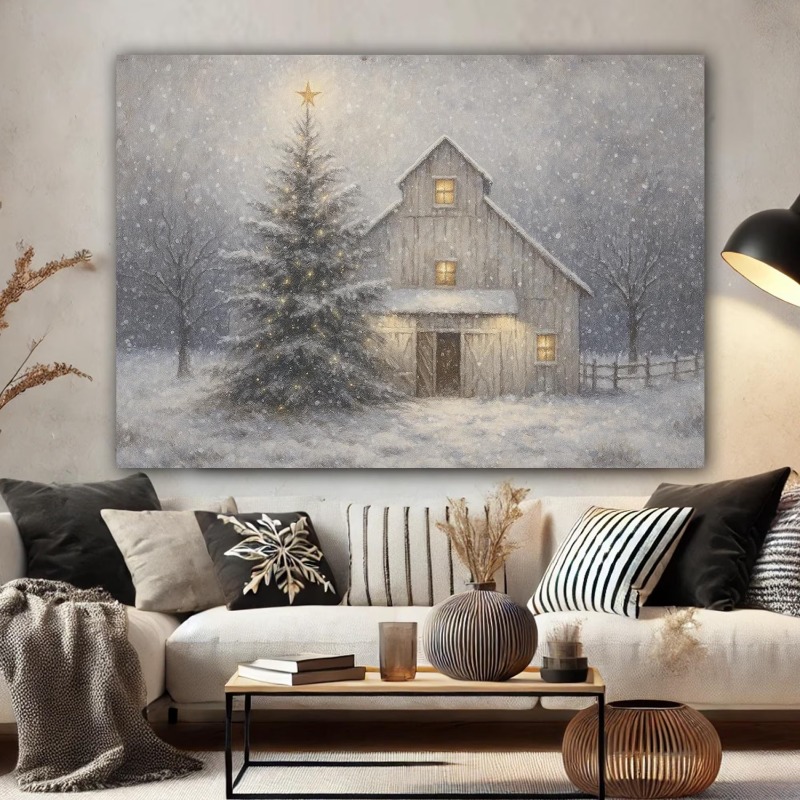 Wall Decor Lighting Tree - 素朴な冬の納屋をモチーフにしたキャンバスアート。フレームなし。雪景色の農家風プリント。クリスマスツリー、星、暖かな光のシーンを描いたポスター。カントリー調のインテリアに。
