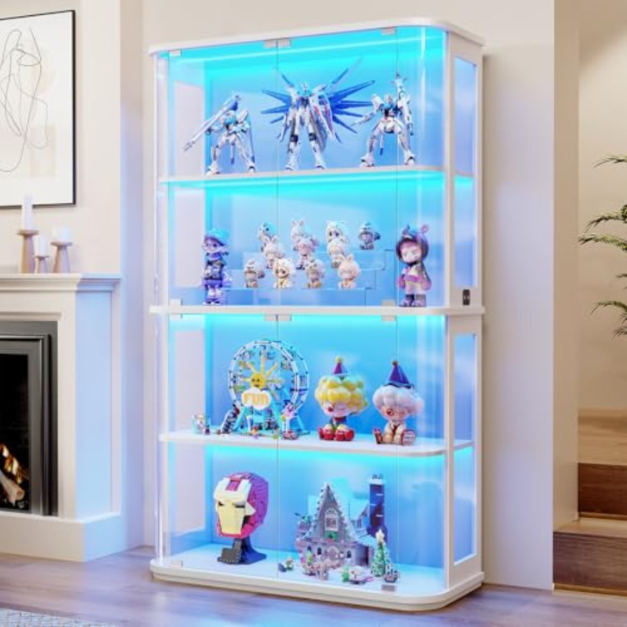 Lighting & Home Decor Studio Photos - 小売店用の丸型ディスプレイキャビネット、LEDライト付き強化ガラス扉、ホワイト仕上げ、省エネ照明。