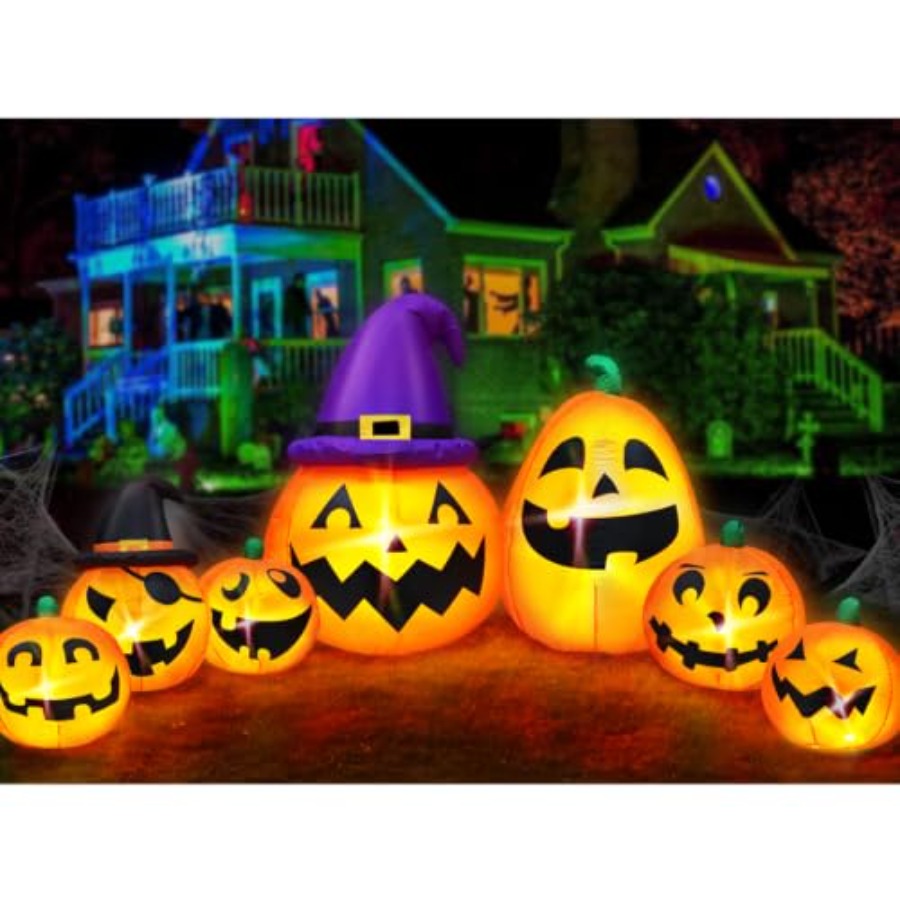 Orange Lighting Decor - 屋外用ハロウィーン装飾品、空気で膨らませるタイプのカボチャ、高さ12フィート、オレンジ色のPVC素材、夜間でも視認しやすいように内蔵LEDライト付き。