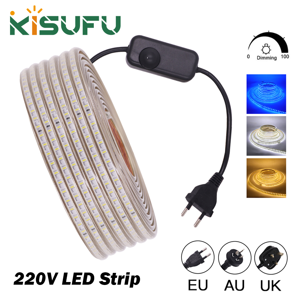 Decor Lighting Uk - 220V LED ストリップ調光器付き EU/UK/AU プラグウォームホワイトブルー高輝度 120LEDs/M