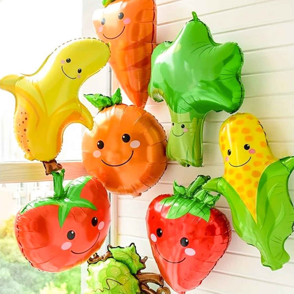 Orange Lighting Decor - 7個入りフルーツ野菜テーマバルーン イチゴ、ブロッコリー、トウモロコシ、バナナ、トマト、オレンジ、ニンジン 誕生日パーティーデコレーション