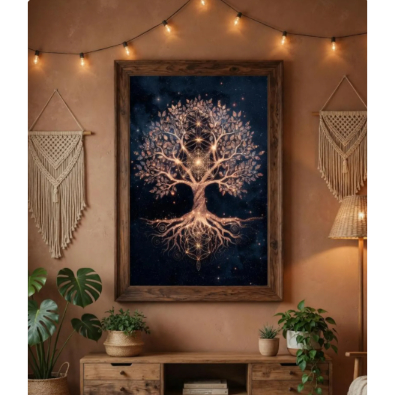 Wall Decor Lighting Tree - DIYダイヤモンドペイント。暗い宇宙の星空の下に浮かぶ、神秘的な黄金の光を放つ生命の樹。壁の装飾や、芸術を愛する方への贈り物に最適。