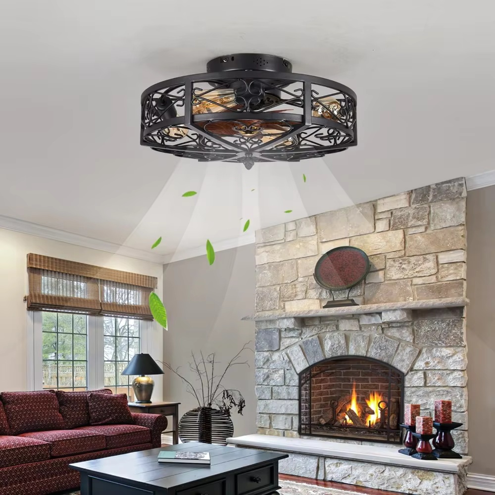Decor Lighting Ceiling Fans - 20インチのケージ型シーリングファン（ライト付き）、ヴィンテージ風ラスティックファームハウスキッチン装飾、ブレードレスブラックシーリングファン（ライトとリモコン付き）