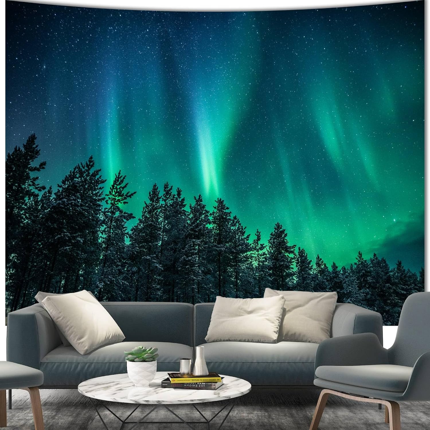 Wall Decor Lighting Tree - 大きなオーロラタペストリー壁飾りオーロラ森林ツリー空銀河ボヘミアン寝室リビングルームプリント