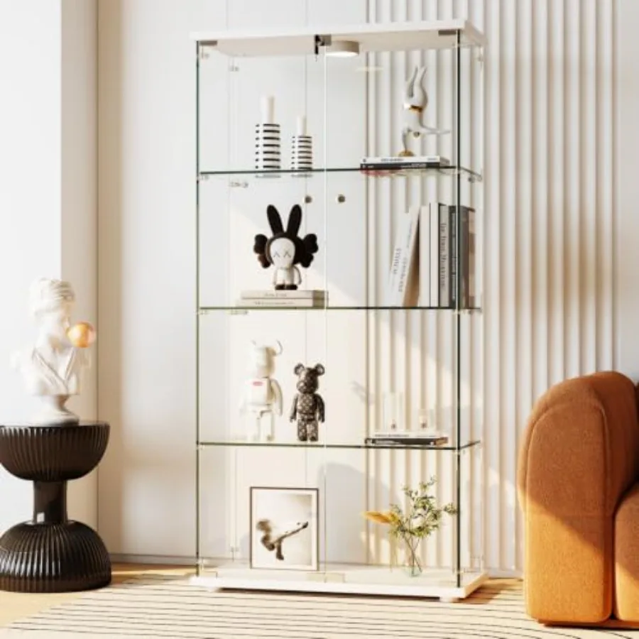 Lighting & Home Decor Studio Photos - コレクション用の強化ガラス製ショーケース。4段の棚、両開きドア、13色のLEDライト、モーションセンサー付き、ブラック、安全ロック。