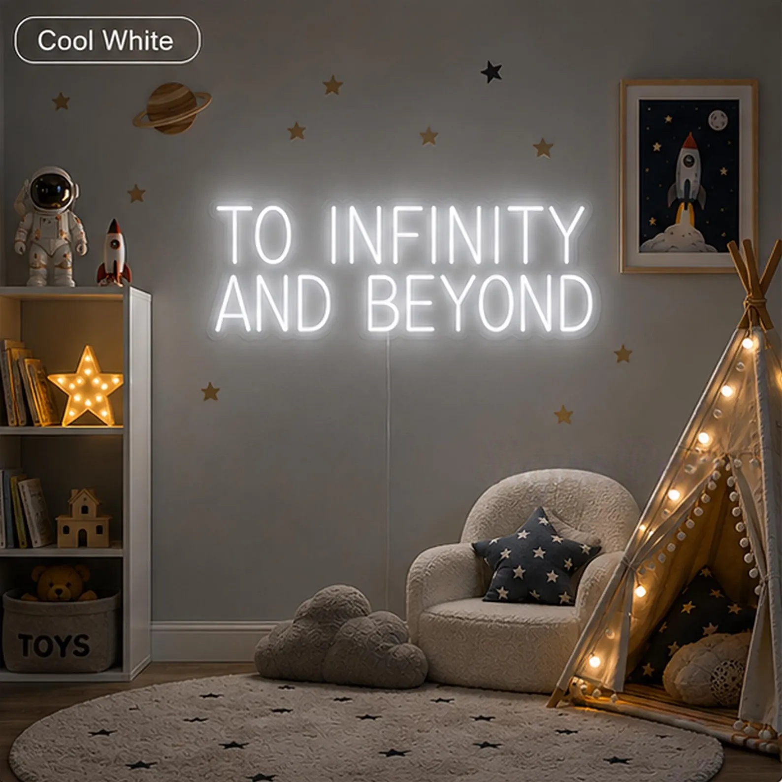 「無限に広がる宇宙へ」というネオンサイン。子供部屋やプレイル - Lighting Decor And Beyond のレビューと価格