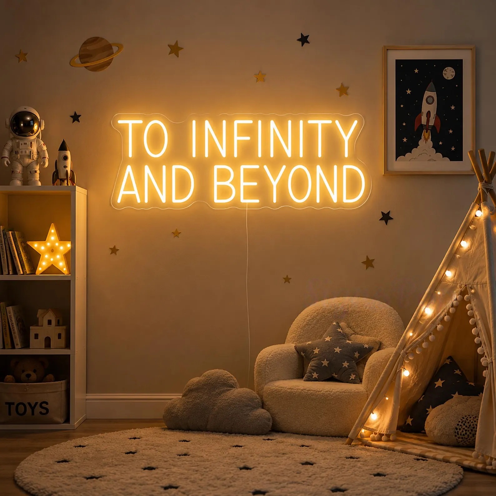 「無限に広がる宇宙へ」というネオンサイン。子供部屋やプレイル - Lighting Decor And Beyond のレビューと価格