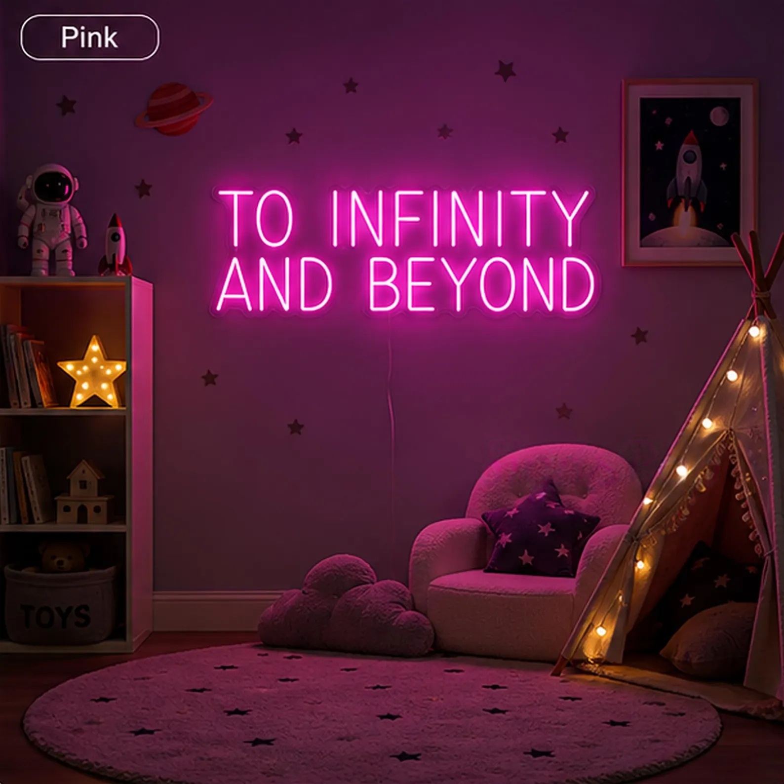 「無限に広がる宇宙へ」というネオンサイン。子供部屋やプレイル - Lighting Decor And Beyond のレビューと価格