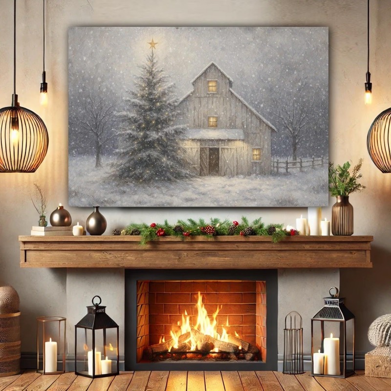 素朴な冬の納屋をモチーフにしたキャンバスアート。フレームなし - Wall Decor Lighting Tree のレビューと価格