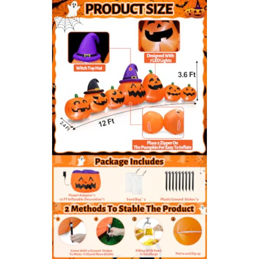屋外用ハロウィーン装飾品、空気で膨らませるタイプのカボチャ、 - Orange Lighting Decor のレビューと価格