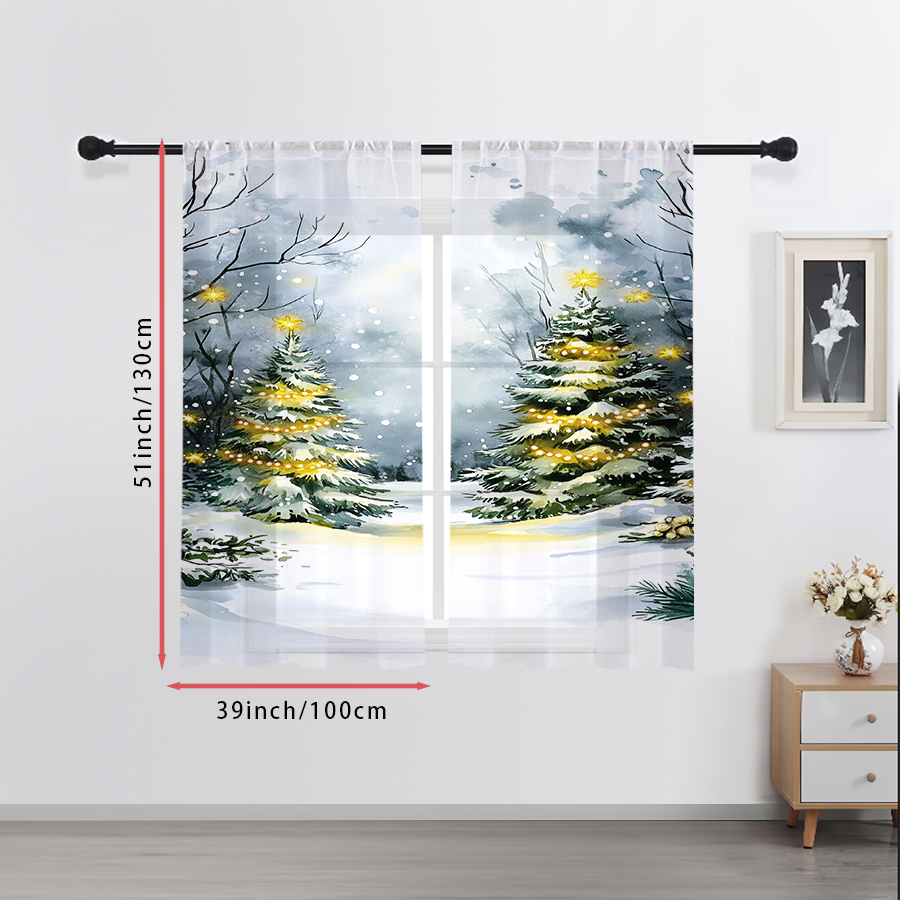 2枚組シアー カーテン 水彩画風クリスマスツリーと雪のプリン - Home Decor Lighting Tree のレビューと価格