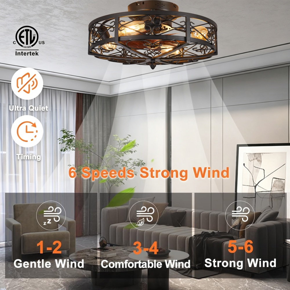20インチのケージ型シーリングファン（ライト付き）、ヴィンテ - Decor Lighting Ceiling Fans のレビューと価格