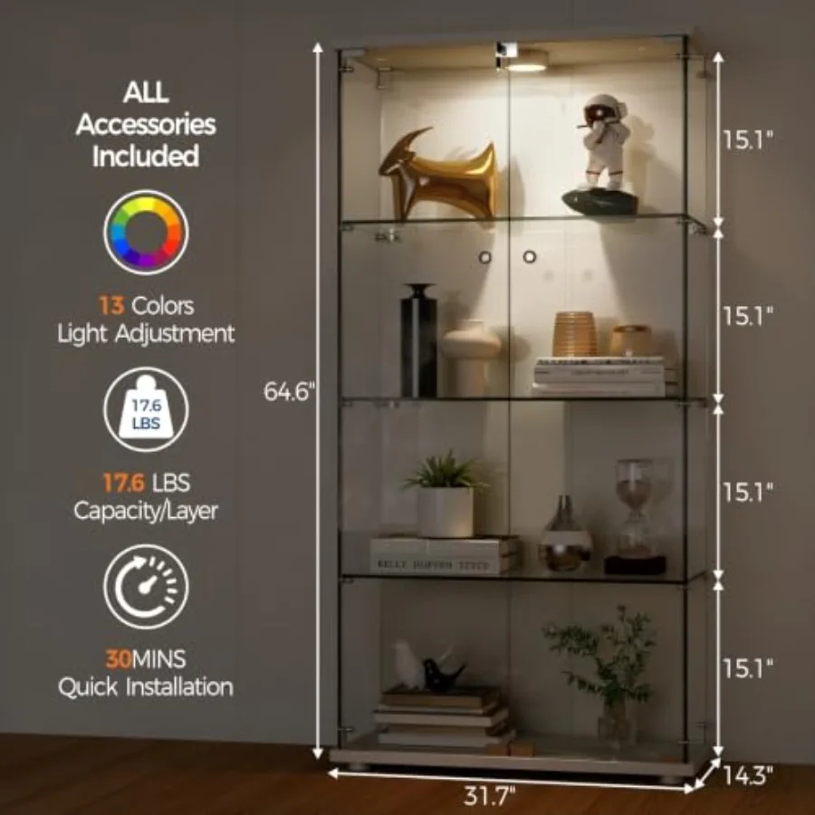 コレクション用の強化ガラス製ショーケース。4段の棚、両開きド - Lighting & Home Decor Studio Photos のレビューと価格